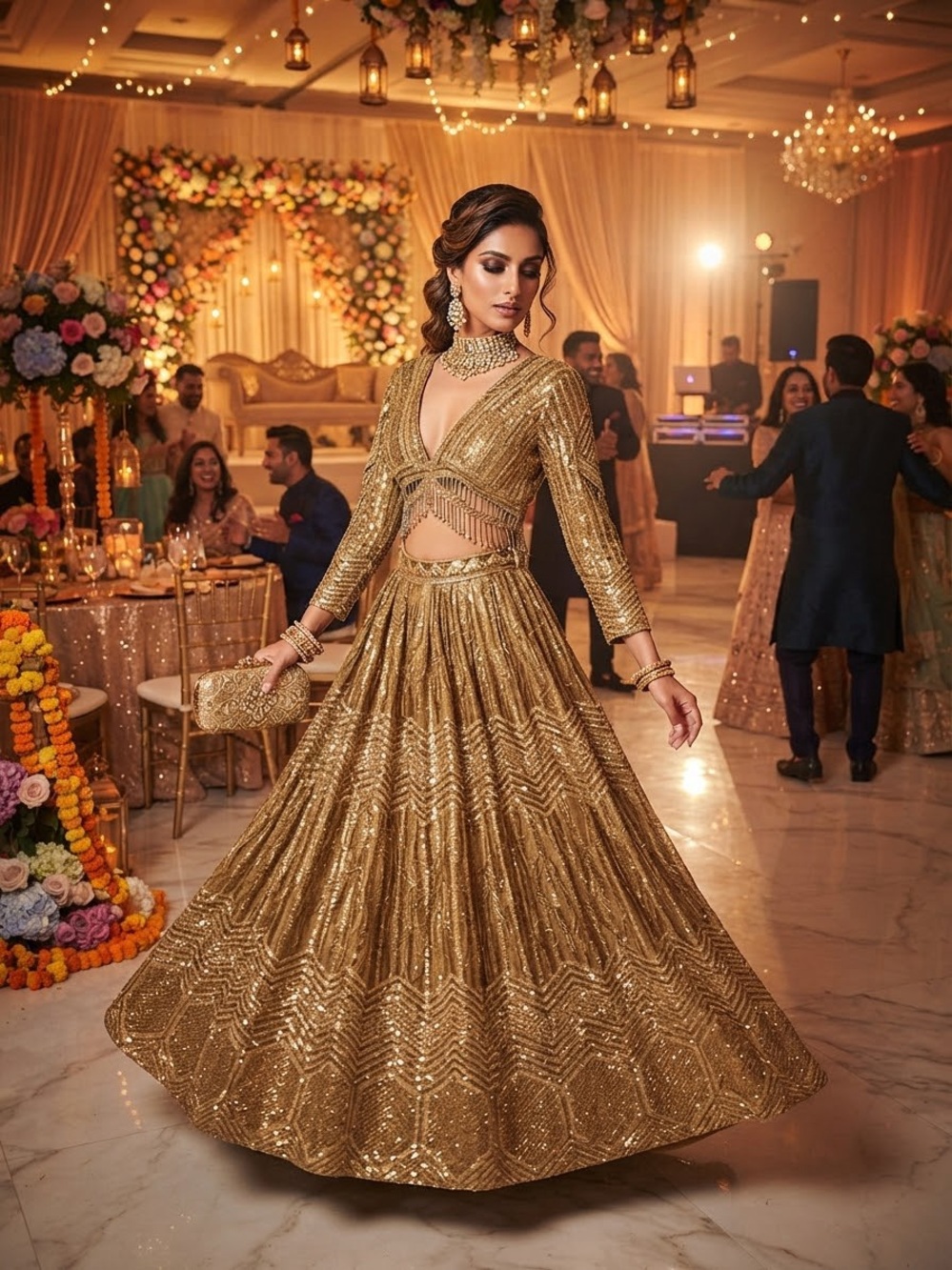 Gold Glitter Embroidered Bridal Net Heavy Lehenga Set
